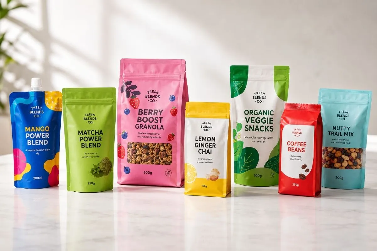 Assorted stand-up pouches featuring zippers, spouts, barrier films, and tear notch packaging for food products.