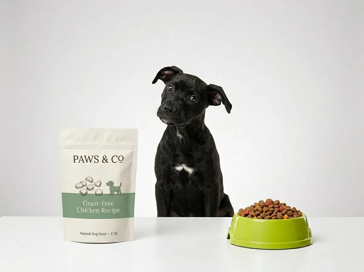 Black puppy with dog food stand up pouch and bowl showing pet food packaging design