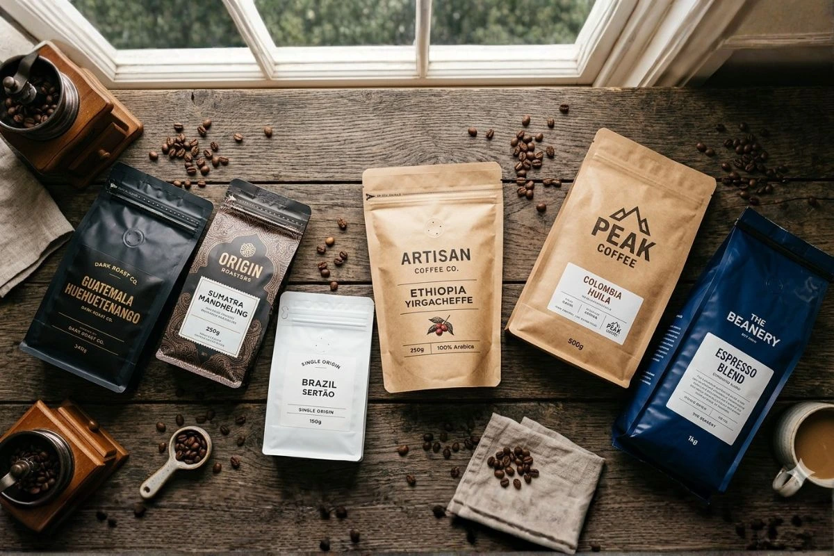 Coffee packaging with matte and glossy finishes for stronger brand presentation Coffee packaging with matte and glossy finishes for stronger brand presentation