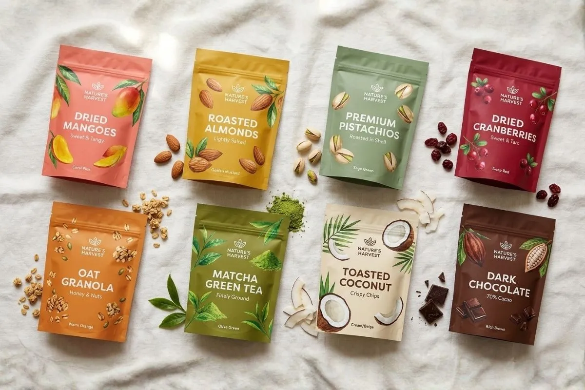 Custom printed stand-up pouches in multiple colours and designs for flexible packaging Custom printed stand-up pouches in multiple colours and designs for flexible packaging