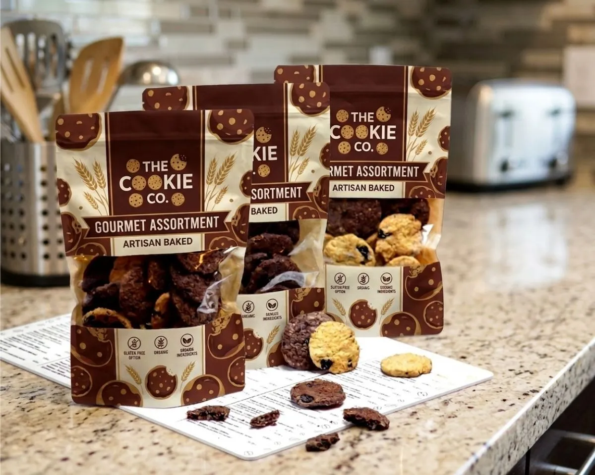 Gourmet cookie stand up pouch packaging displayed with assorted cookies on a kitchen counter Gourmet cookie stand up pouch packaging displayed with assorted cookies on a kitchen counter
