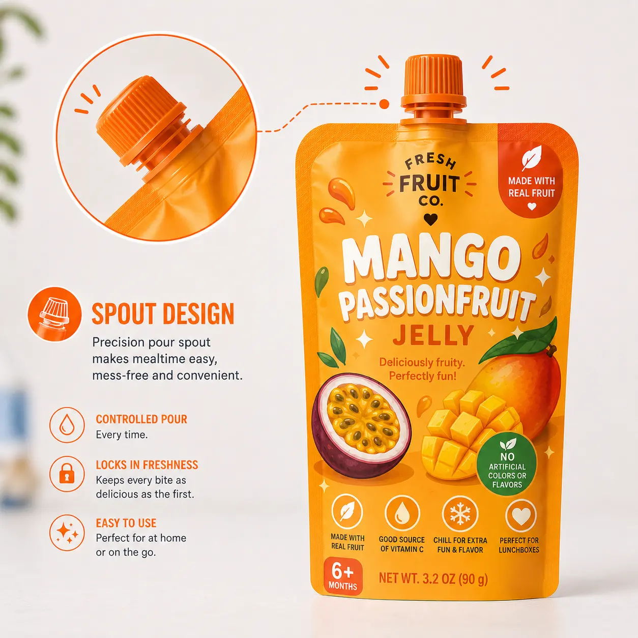 Spout Spout pouch packaging for fruit jelly with controlled pouring and freshness protection