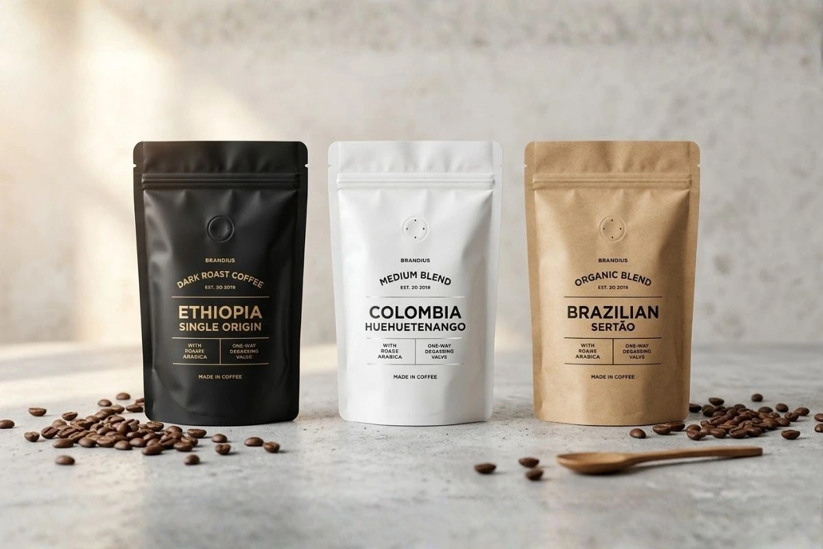 Stand-up pouch coffee packaging for roasted beans with high barriers material Stand-up pouch coffee packaging for roasted beans with high barriers material
