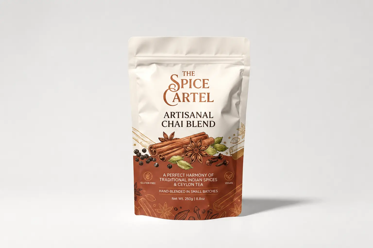 Stand-up spice pouch packaging for cinnamon and spices White stand up pouch with a resealable zipper at the top