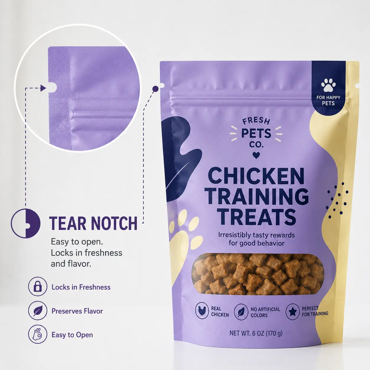 Tear Notch Tear notch pouch packaging that makes pet treats easy to open while preserving freshness