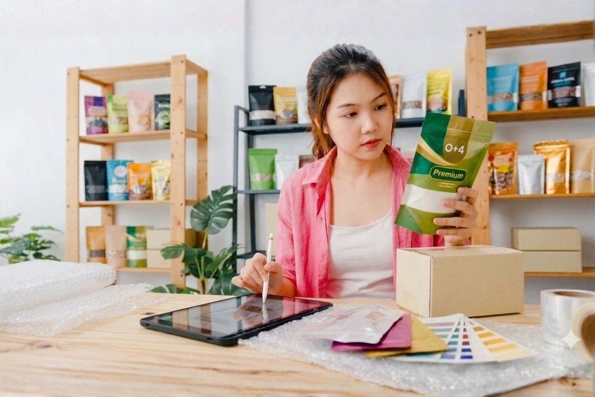 Young Malaysian SME founder managing low MOQ packaging orders from her office Young Malaysian SME founder managing low MOQ packaging orders from her office