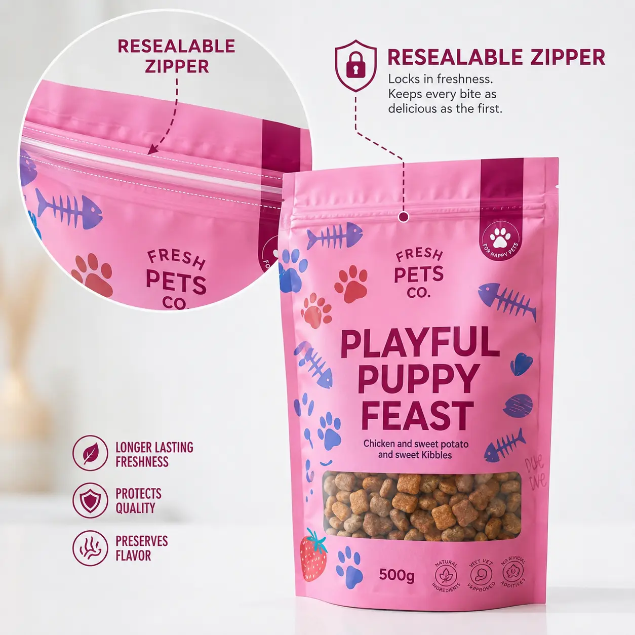 Zipper Resealable Resealable zipper pouch packaging that keeps pet food fresh and easy to close