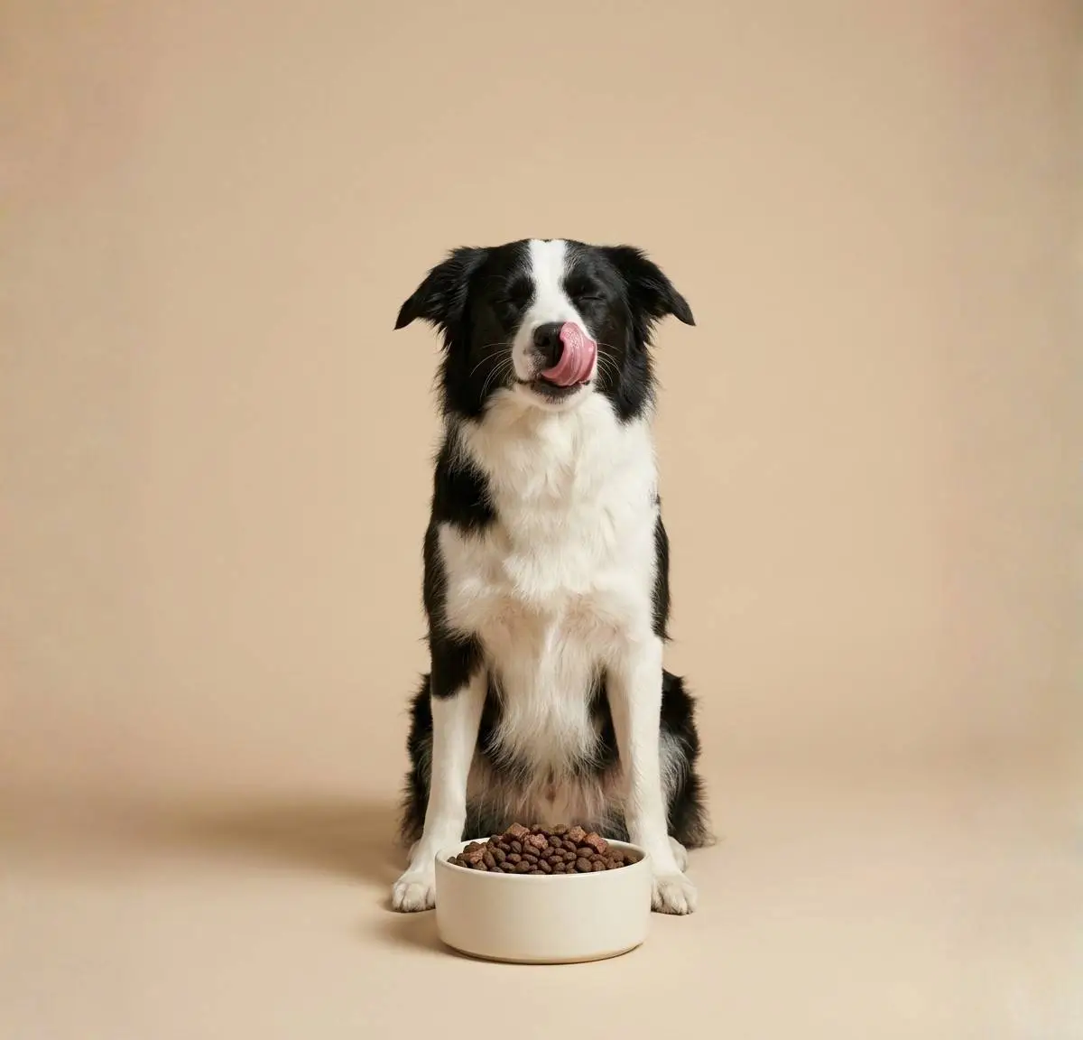 Border collie licking its nose behind a bowl of dry kibble Border collie licking its nose behind a bowl of dry kibble
