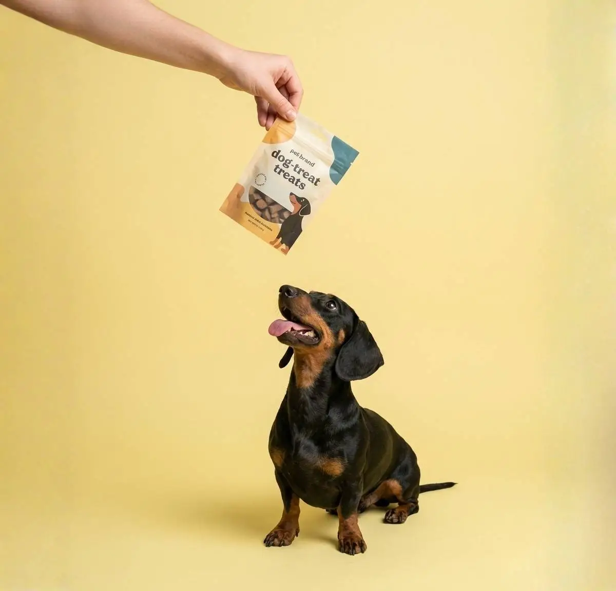 Hand offering a stand-up pouch of dog treats Hand offering a stand-up pouch of dog treats