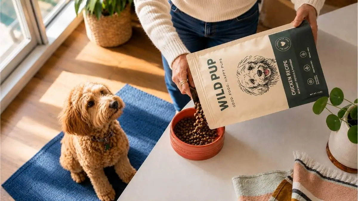 Pet owner pouring kibble from a flat-bottom pouch into a dog bowl Pet owner pouring kibble from a flat-bottom pouch into a dog bowl