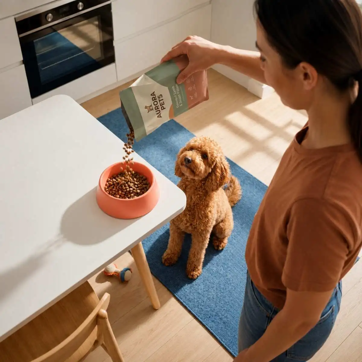 Pet owner pouring kibble from a stand-up pouch into a dog bowl Pet owner pouring kibble from a stand-up pouch into a dog bowl