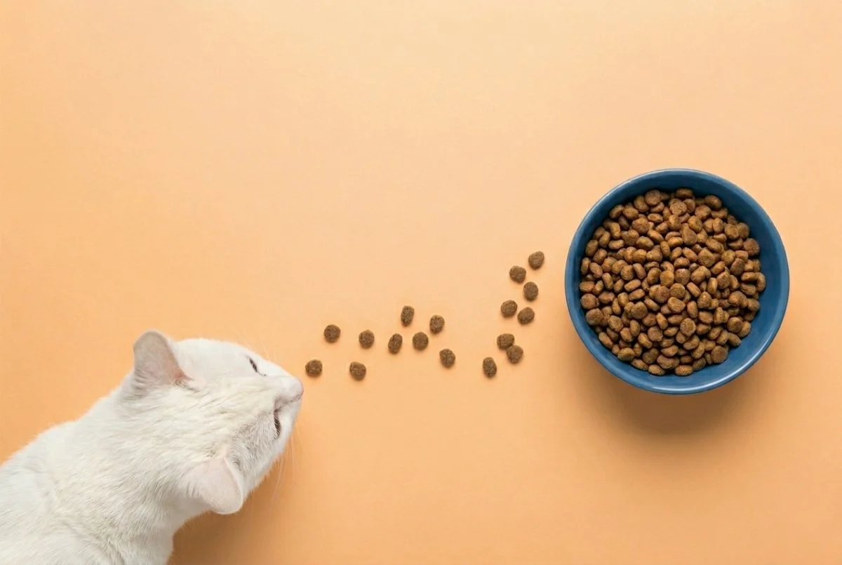 White cat eating kibble beside a bowl of dry food White cat eating kibble beside a bowl of dry food